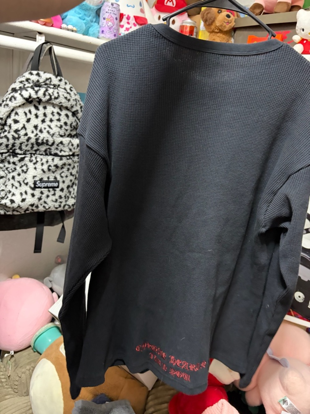 Chrome Hearts Black Waffle-Knit Crewneck Sweater with Red Sleeve Motif - Picture 3 of 4